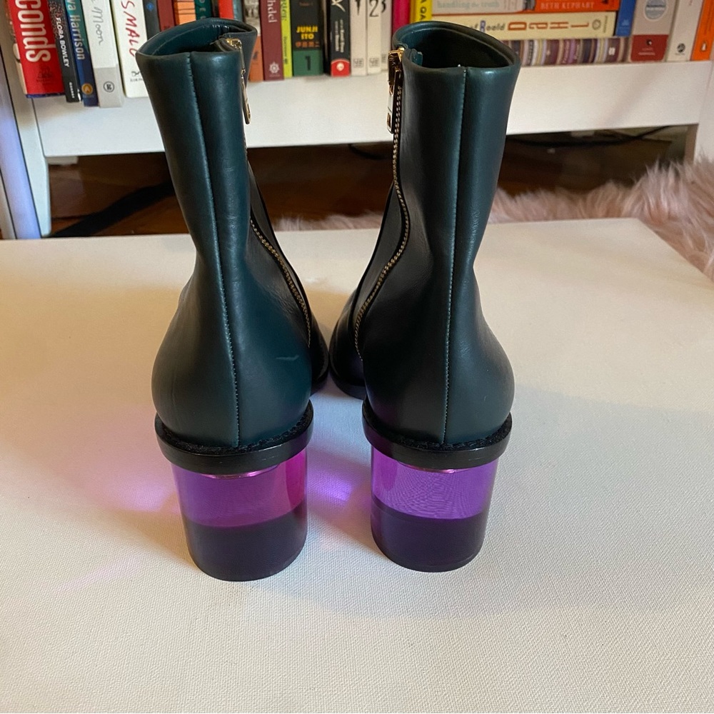 Burberry Dark Green Leather Ankle Boots with Translucent Purple Block Heels - Picture 4 of 8